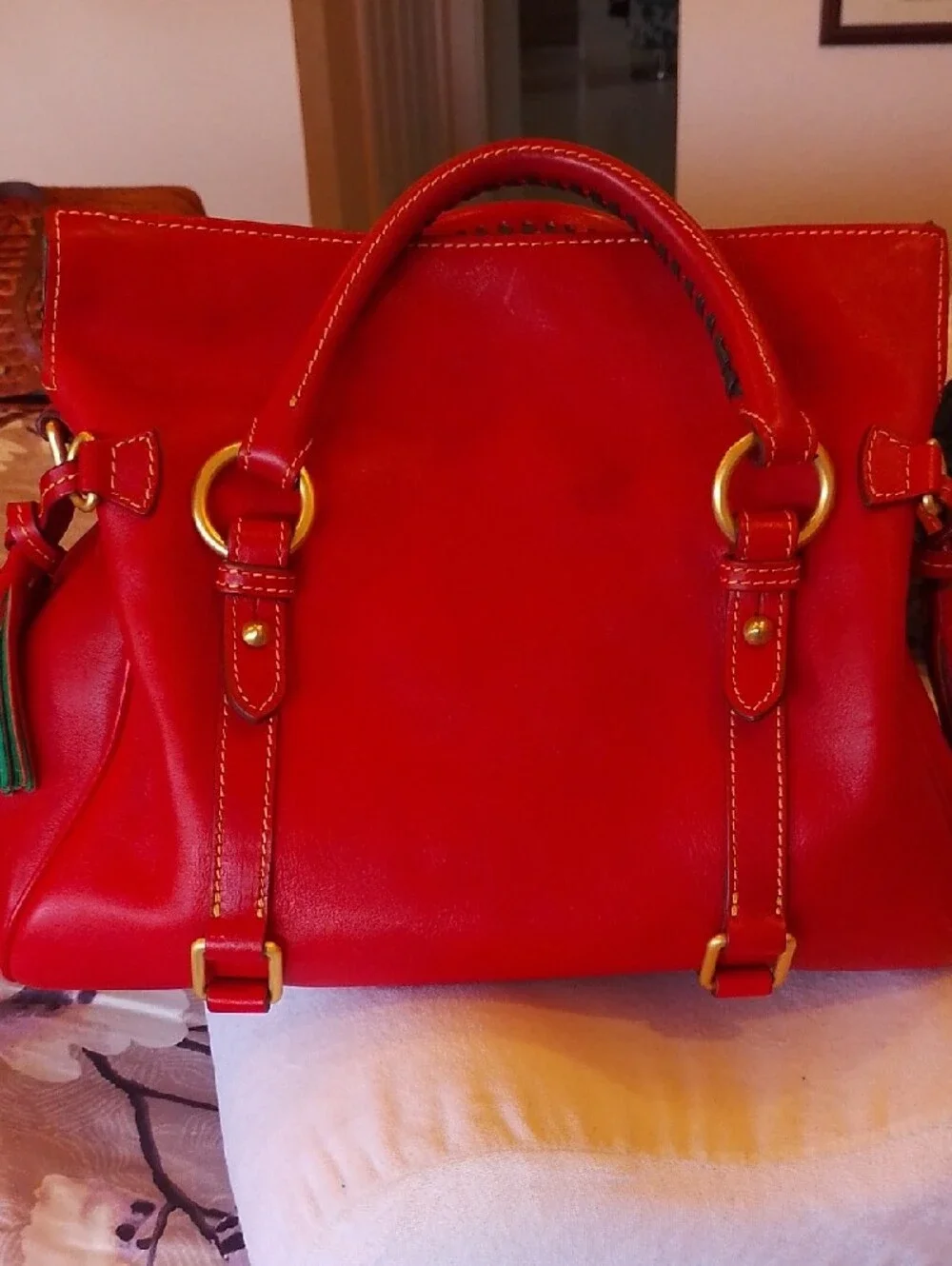 Dooney And Burke Red Leather Satchel Bag with Gold Hardware